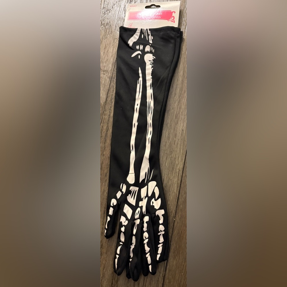 NWT [Seasons] Glow in the Dark Elbow Length Black Skeleton Gloves, Adult OS - Picture 3 of 10